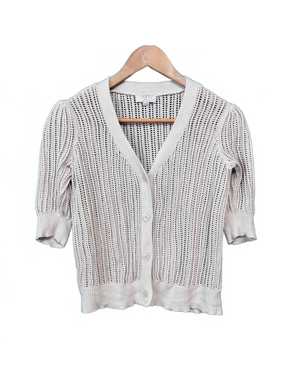 LOFT Cream Crochet Open Knit Short Puff Sleeve Cardigan Sweater V-Neck Size SP